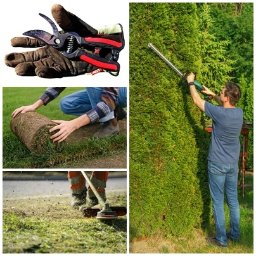 Piotr Komarnicki - Kompozycja zdjęć: rękawice z sekatorem, rozwijana trawa z rolki, koszenie trawy, przycinanie żywopłotu. Różne etapy prac ogrodniczych w słoneczny dzień.