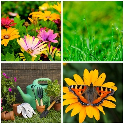 Kolaż: kolorowe kwiaty, trawa z kroplami rosy, narzędzia ogrodnicze (konewka, grabki, łopatka, doniczki, rękawice) i motyl na żółtym kwiatku.