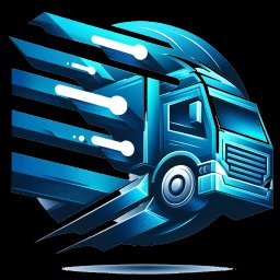 EBus-trans - Stylizowana, błękitna grafika wektorowa przedstawiająca dynamiczny samochód dostawczy w ruchu, z elementami futurystycznymi i efektem prędkości. Nowoczesny design.