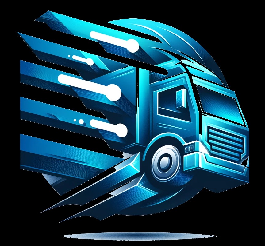 Stylizowana, błękitna grafika wektorowa przedstawiająca dynamiczny samochód dostawczy w ruchu, z elementami futurystycznymi i efektem prędkości. Nowoczesny design.