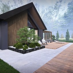 Ogrody - Nowoczesny dom z drewnianą elewacją i tarasem, otoczony zielenią. Minimalistyczny ogród z drzewami i krzewami. Pergola z pnączami. Ujęcie w lekkiej mgle.