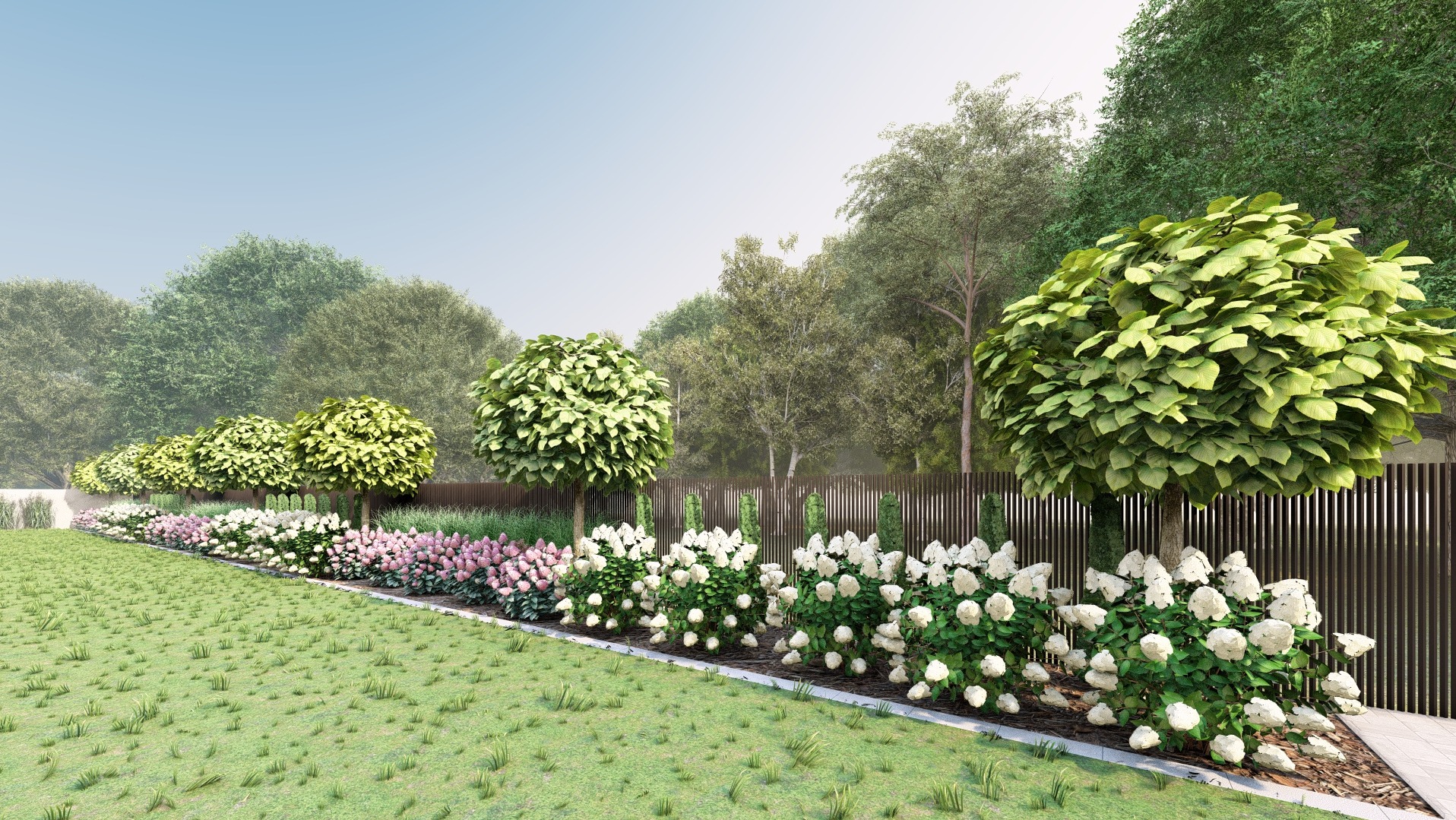 Wizualizacja ogrodu z równo przyciętymi drzewami i rabatami kwiatowymi wzdłuż nowoczesnego, pionowego ogrodzenia. Starannie zaprojektowana przestrzeń z zielonym trawnikiem.