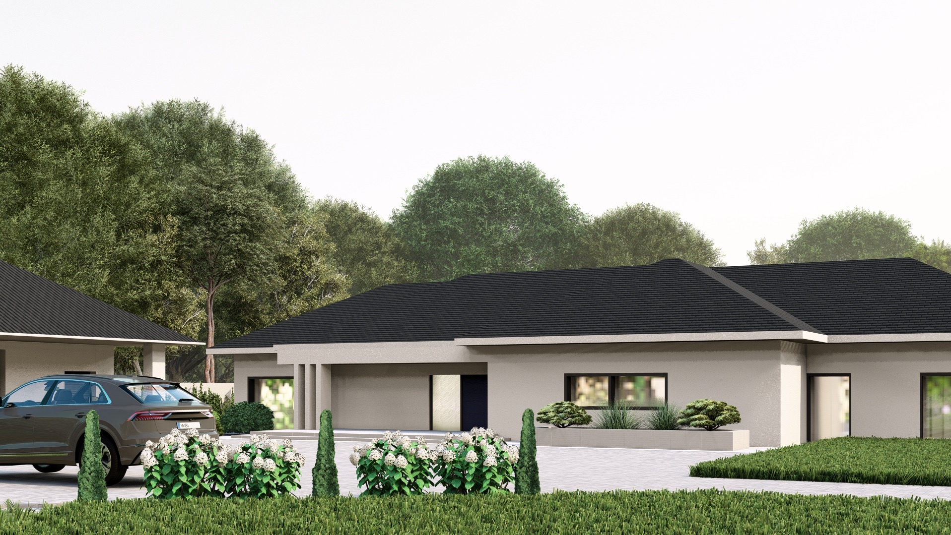 Wizualizacja domu jednorodzinnego z garażem, z zadbanym trawnikiem, krzewami i drzewami w tle. Nowoczesna architektura, jasna elewacja, ciemny dach i auto na podjeździe.