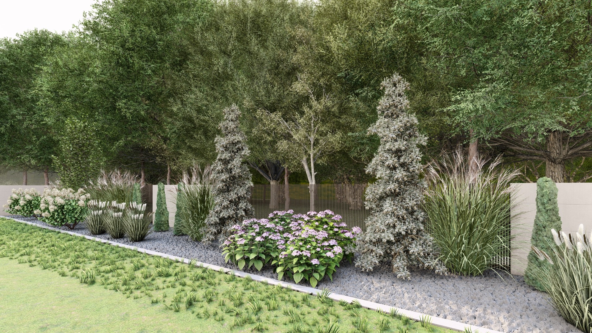 Kompaktowy ogród z kwitnącymi hortensjami, ozdobnymi trawami i strzyżonymi iglakami na tle wysokich drzew, oddzielony od trawnika kamiennym obrzeżem.