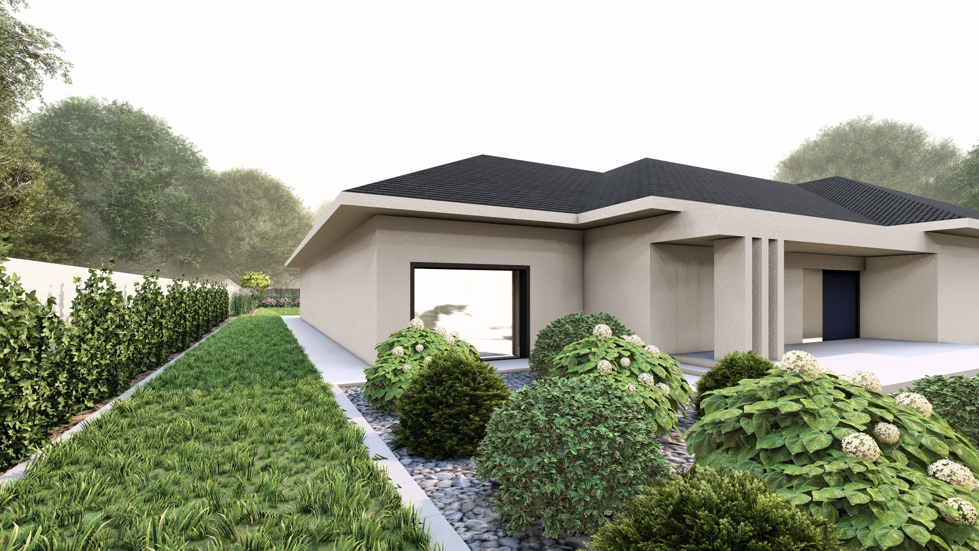 Wizualizacja ogrodu z nowoczesnym domem. Krzewy z białymi kwiatami, trawnik i ścieżka z kamieni. Minimalistyczny design z dbałością o detale.