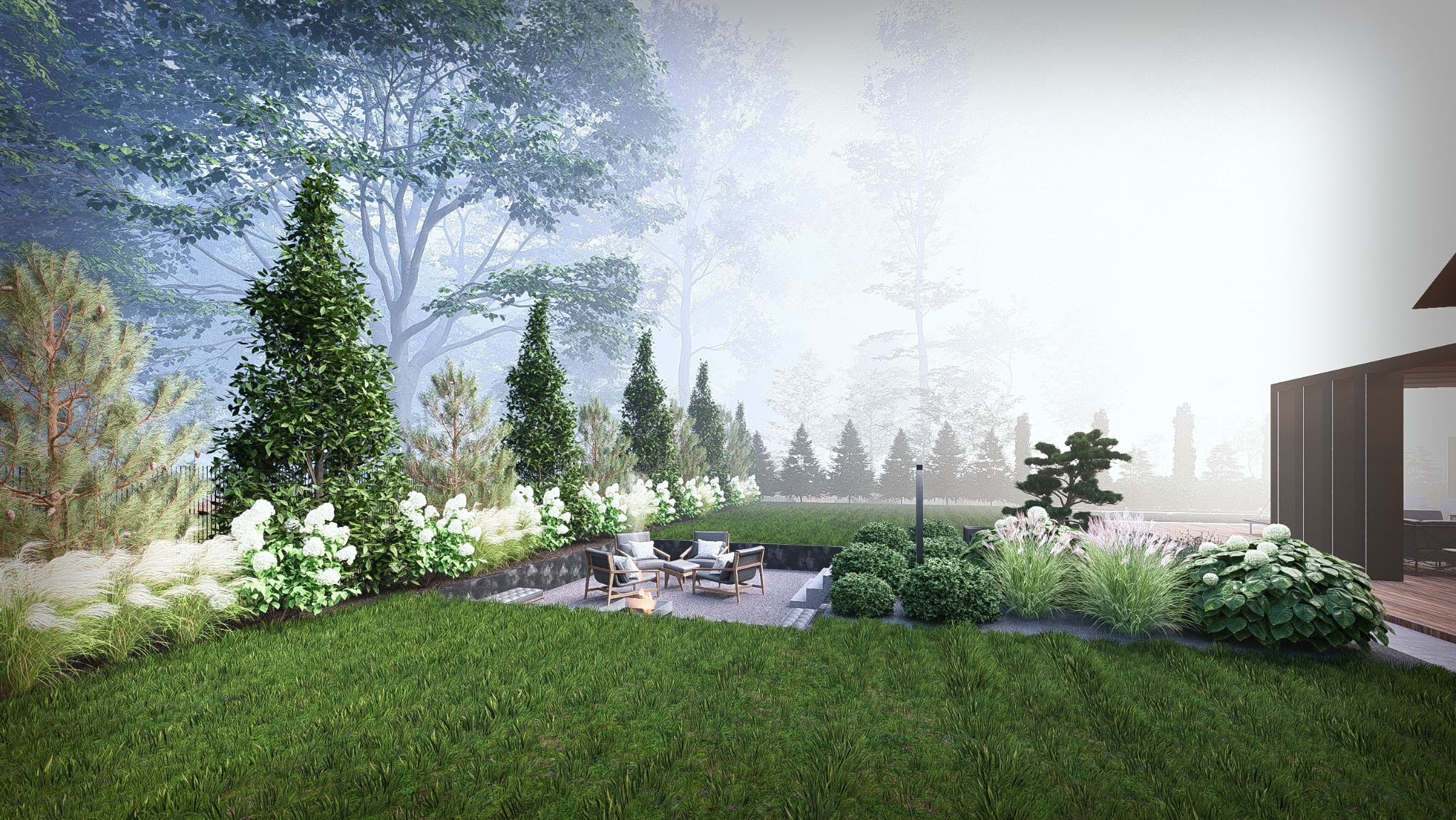 Nowoczesny ogród z paleniskiem otoczonym krzesłami, bujną roślinnością i drzewami w tle, skąpany w porannej mgle. Minimalistyczny design z dbałością o detale.