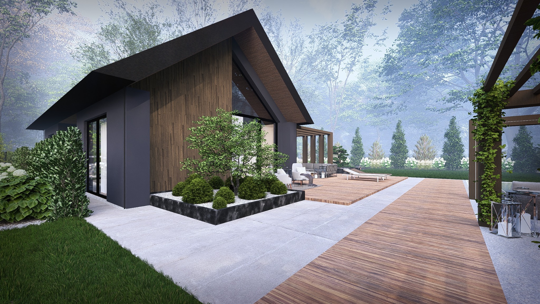 Nowoczesny dom z drewnianą elewacją i tarasem, otoczony zielenią. Minimalistyczny ogród z drzewami i krzewami. Pergola z pnączami. Ujęcie w lekkiej mgle.