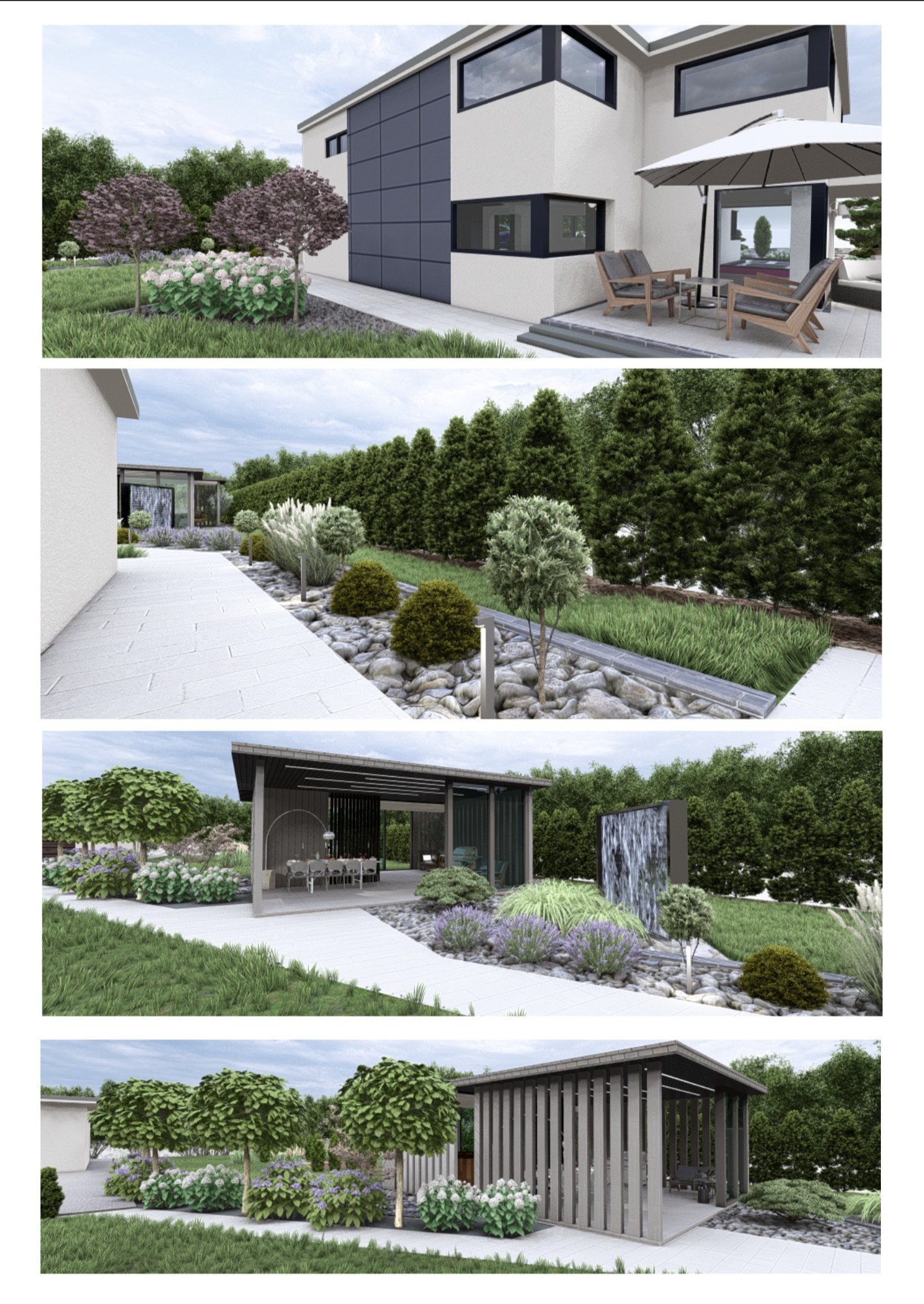 Wizualizacja 3D nowoczesnego ogrodu z domem, pergolą, ścieżkami z płyt, roślinnością ozdobną i elementami wodnymi. Ujęcie z różnych perspektyw.