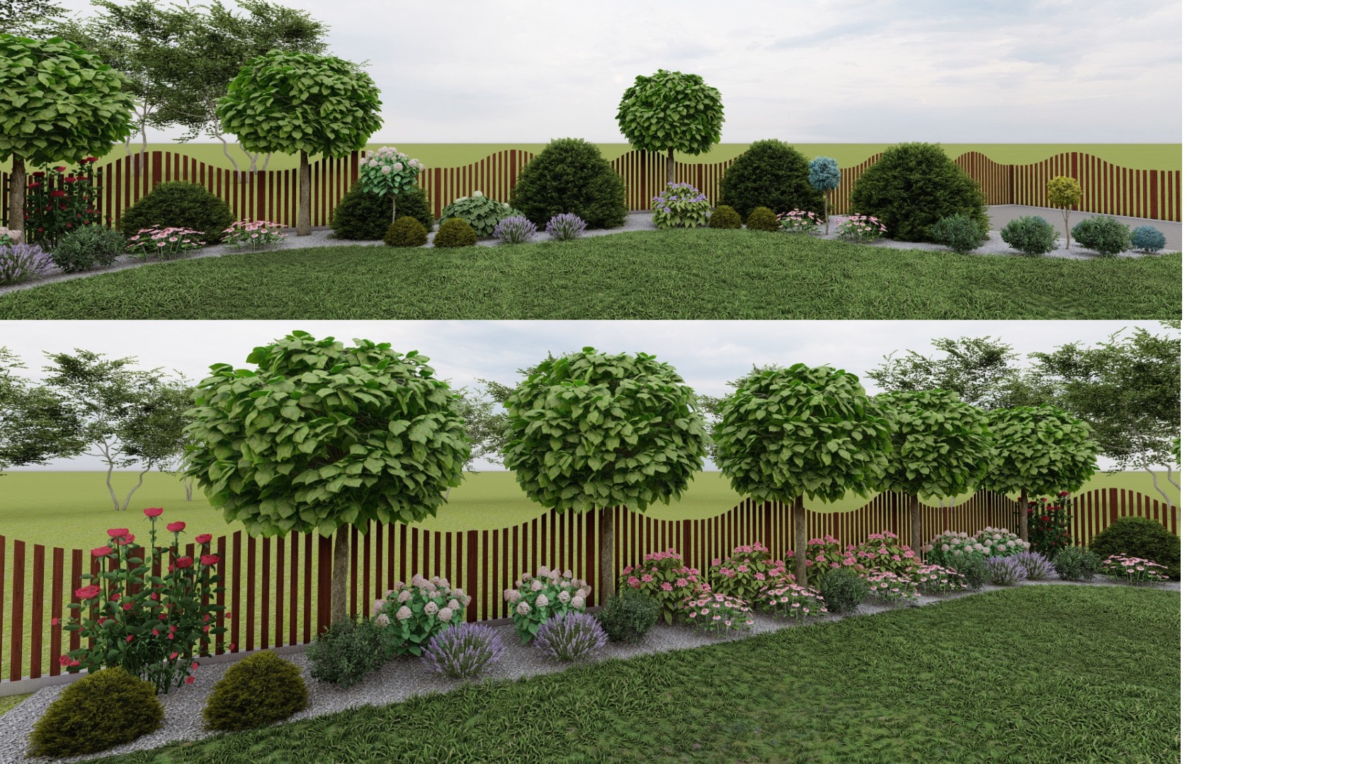 Wizualizacja ogrodu z dekoracyjnym falowanym płotem, kulistymi drzewami i rabatami kwiatowymi w odcieniach różu i fioletu. Dwa ujęcia z różnych perspektyw.