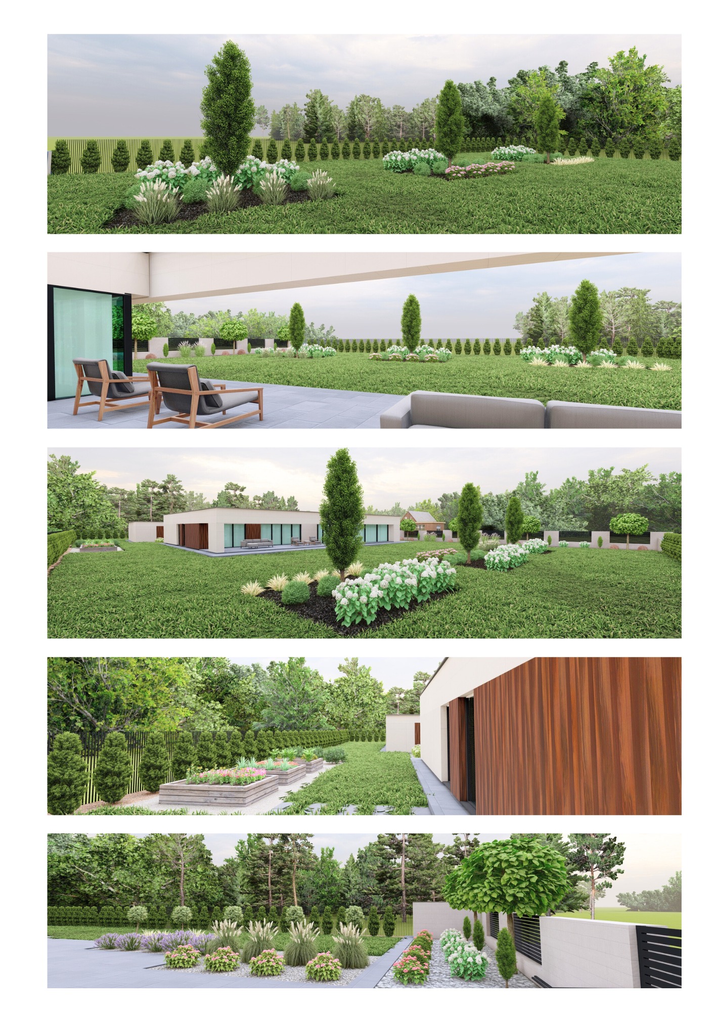 Wizualizacja ogrodu z nowoczesnym domem w tle. Bujna zieleń, starannie zaprojektowane rabaty kwiatowe i trawnik. Elementy małej architektury.