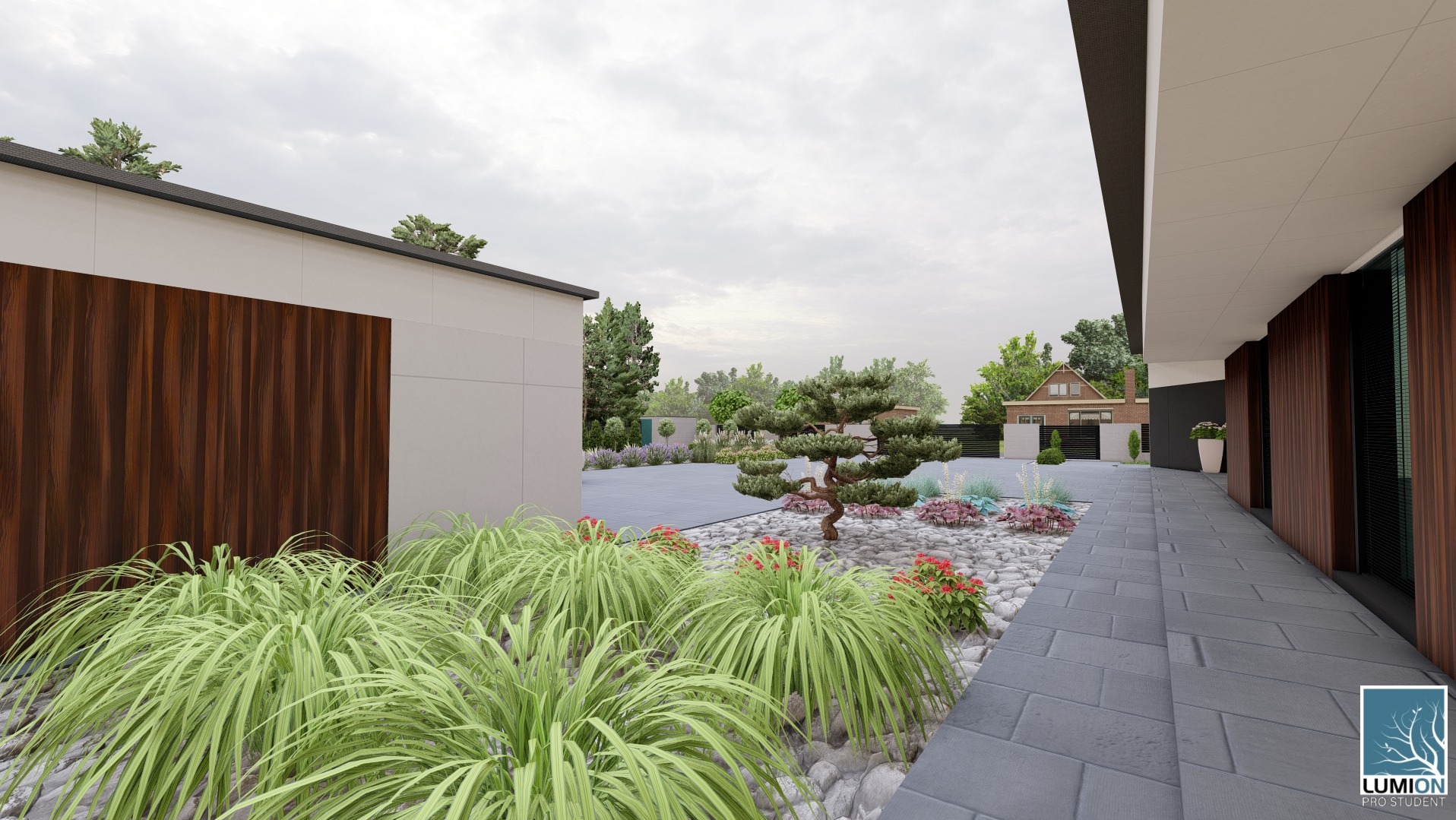 Wizualizacja ogrodu z ozdobnym drzewem bonsai, trawami i kamieniami. Nowoczesny dom z drewnianą elewacją w tle. Projekt z użyciem Lumion Pro Student.