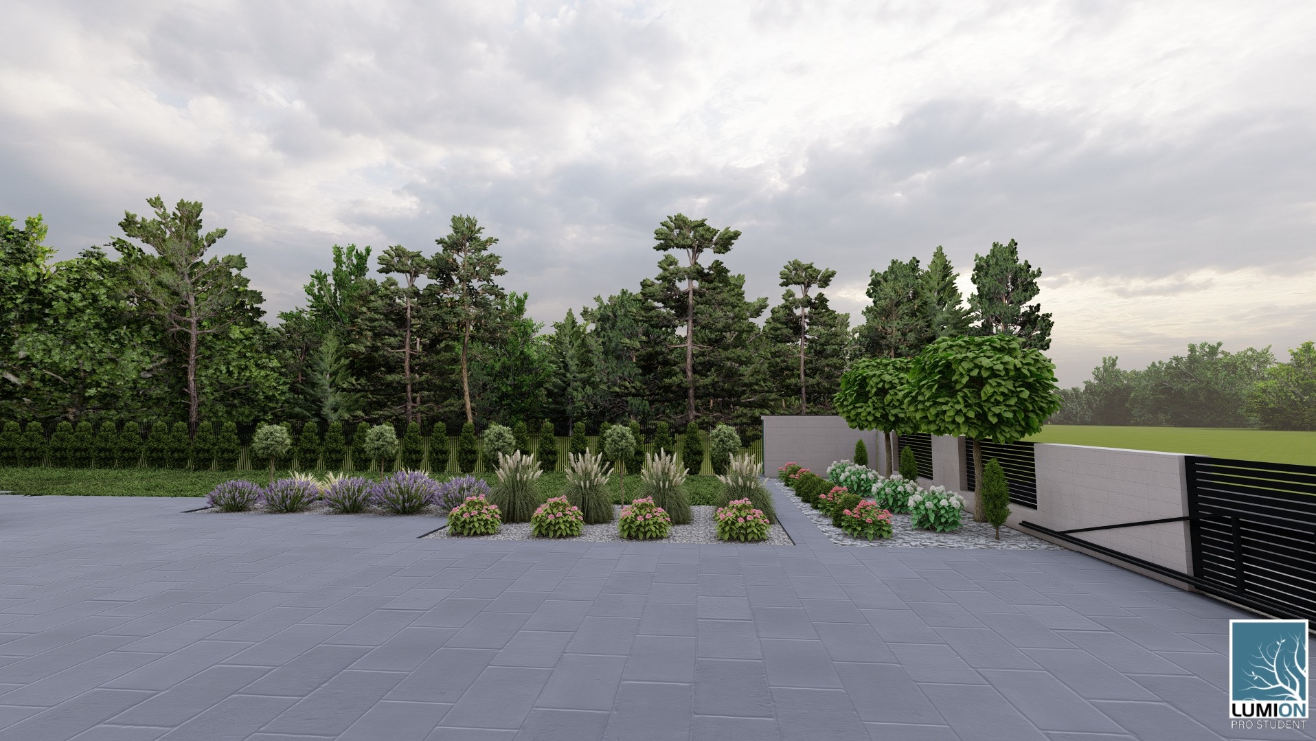 Wizualizacja ogrodu z geometrycznym układem roślin, drzew i krzewów. Szara kostka brukowa prowadzi do nowoczesnego ogrodzenia i ściany. Widoczne logo Lumion.