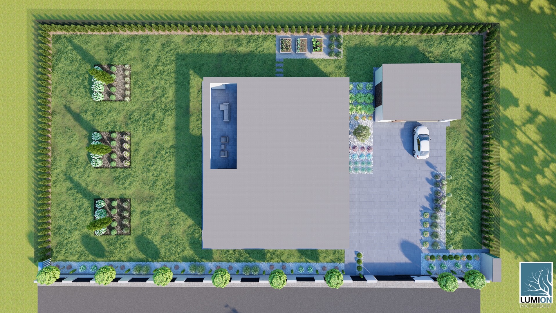 Widok z góry na wizualizację domu z ogrodem: trawnik, rabaty kwiatowe, podjazd z samochodem, taras z meblami. Całość otoczona żywopłotem.