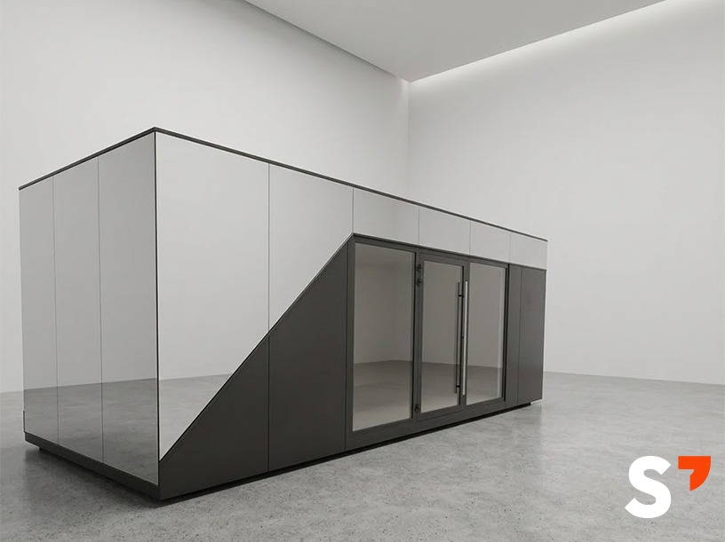 Nowoczesna, modułowa hala z przeszklonymi drzwiami i panelami w odcieniach szarości, prezentowana w minimalistycznym wnętrzu z betonową podłogą i białymi ścianami.