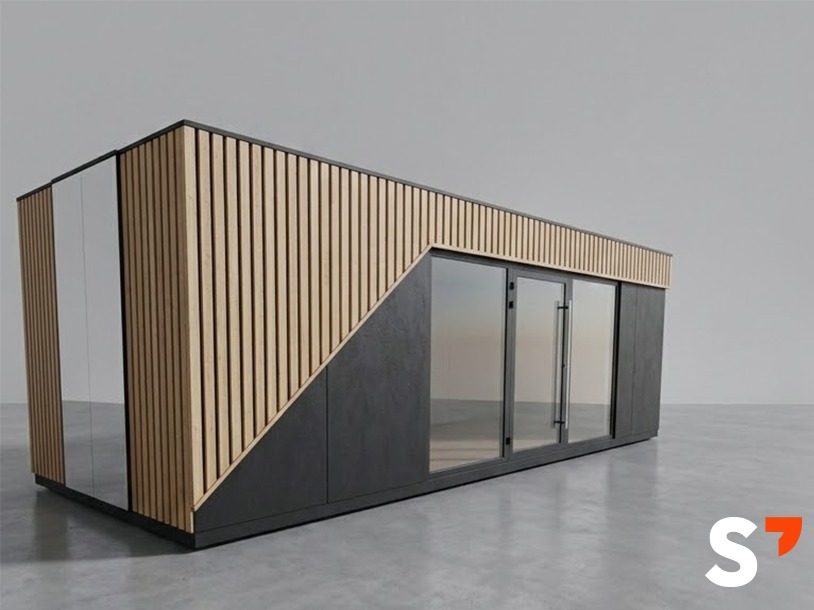 Nowoczesna, modułowa hala z drewnianą elewacją i dużymi przeszkleniami, prezentowana w minimalistycznym stylu na szarym tle. Widoczne detale wykończenia i geometryczny design.