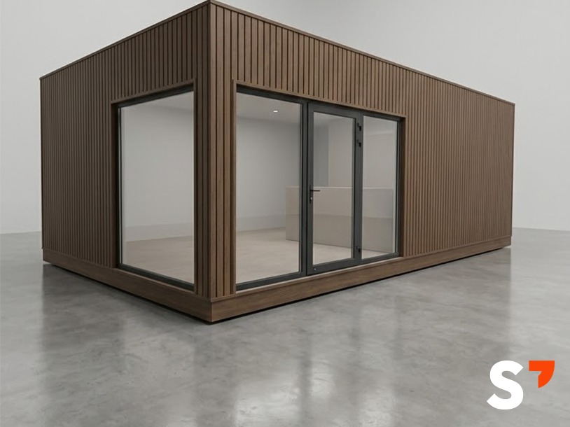 Nowoczesna, brązowa hala modułowa z dużymi oknami i przeszklonymi drzwiami przesuwnymi. Elewacja z pionowych paneli. Minimalistyczny design, gładka betonowa podłoga.