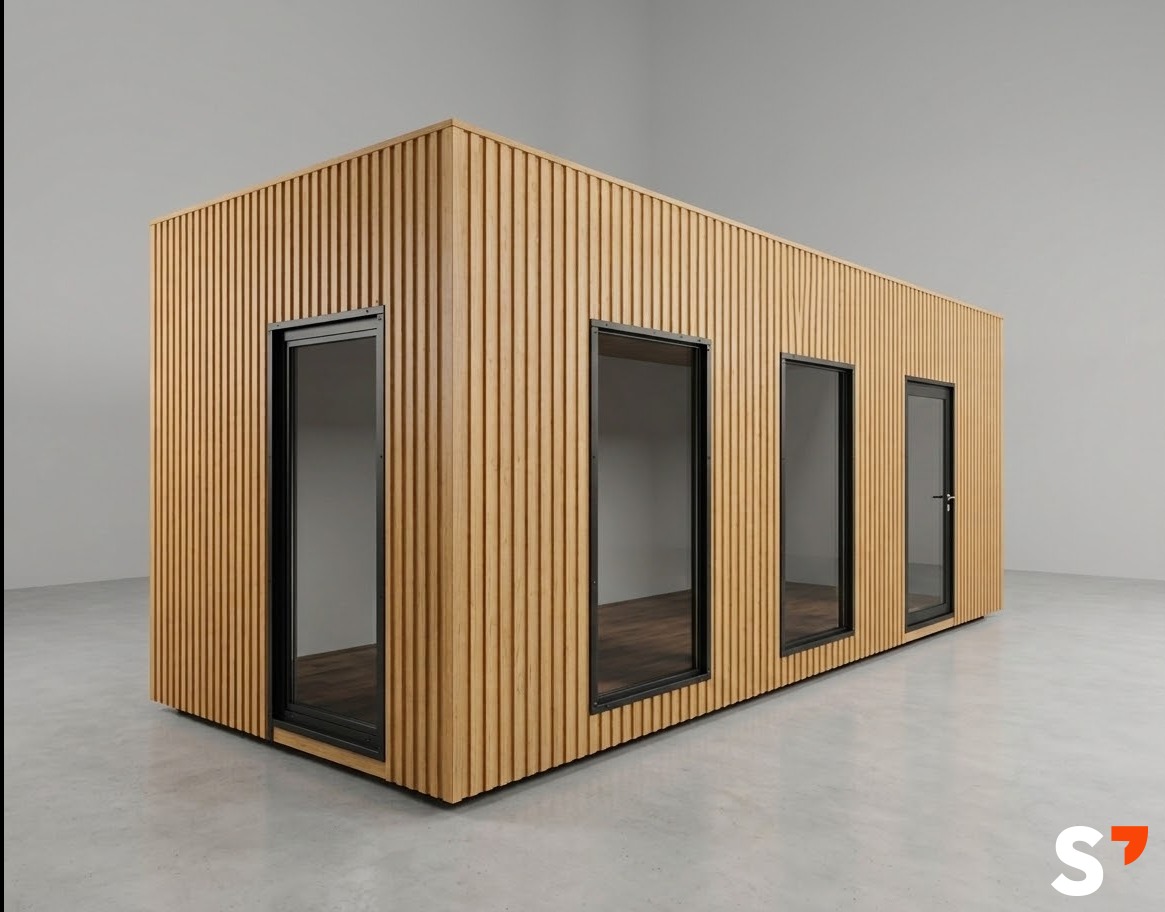 Nowoczesna, modułowa hala z drewnianą elewacją i czarnymi ramami okiennymi, prezentowana w minimalistycznym, szarym otoczeniu. Widok z perspektywy.