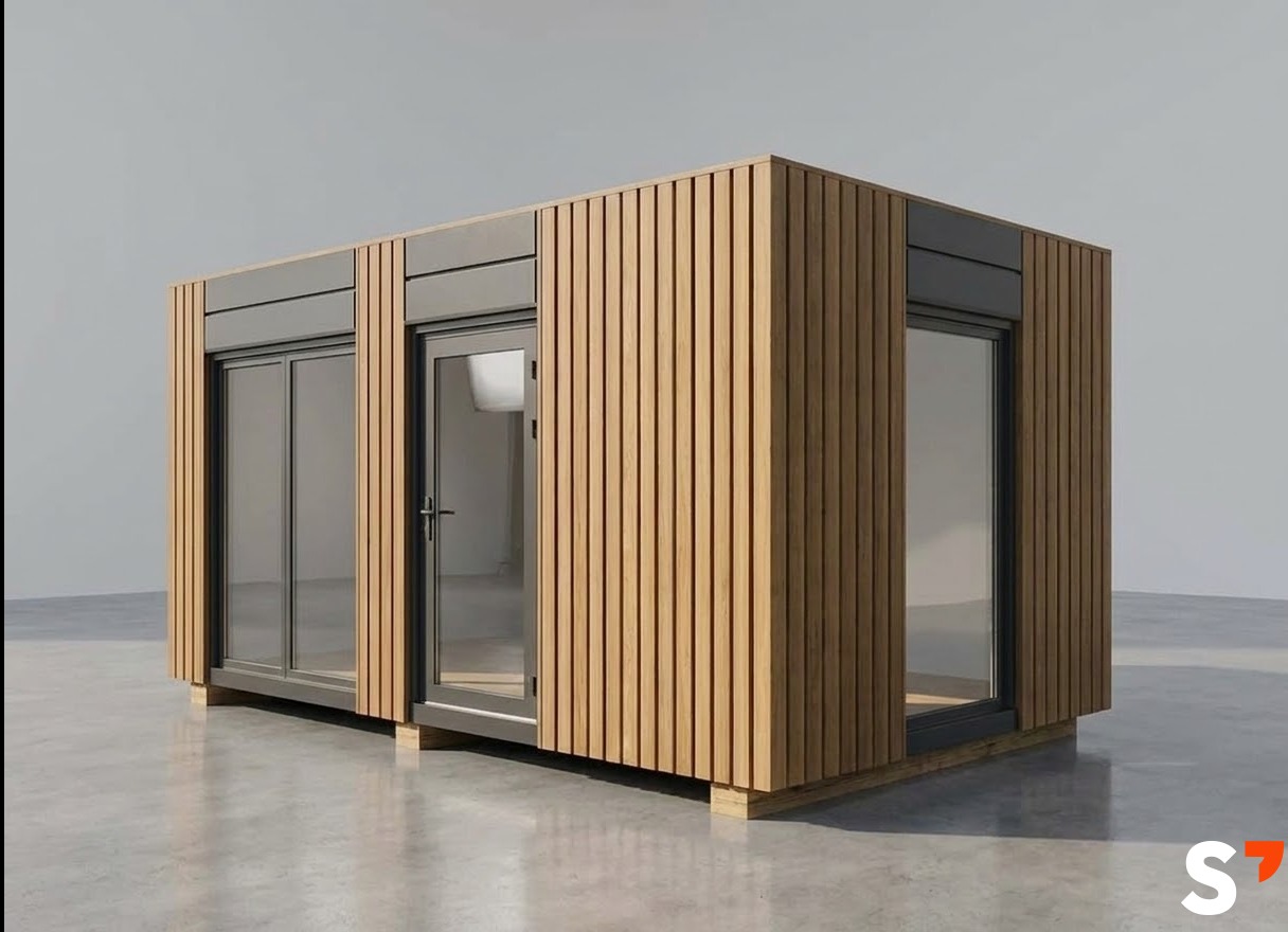 Nowoczesna, modułowa hala z drewnianą elewacją i dużymi przeszkleniami, prezentowana na szarym tle. Widoczne detale wykończenia i minimalistyczny design.