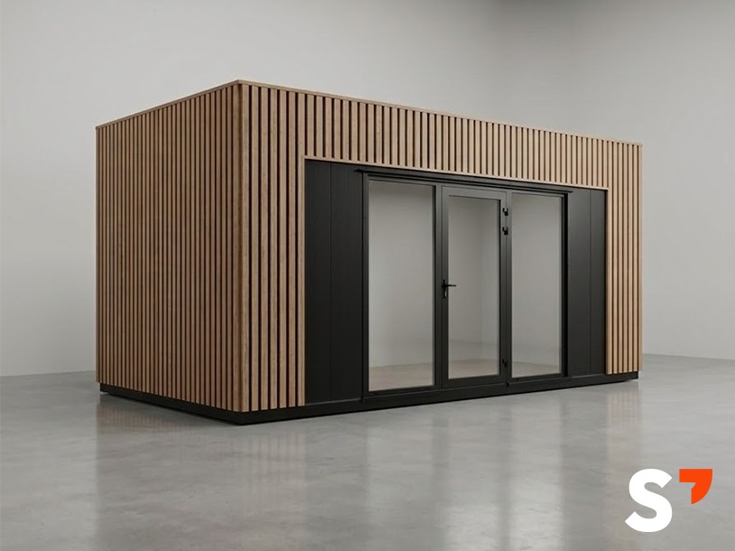 Nowoczesna, modułowa hala z drewnianą elewacją i czarnymi, przeszklonymi drzwiami przesuwnymi. Minimalistyczny design, jasne wnętrze, gładka betonowa podłoga.