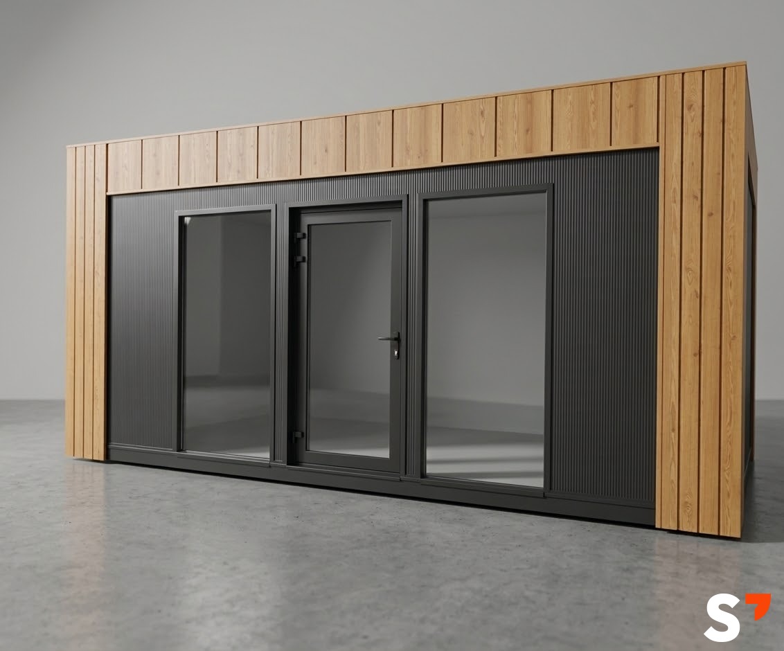 Nowoczesna hala modułowa z szarymi panelami i drewnianą elewacją, widok z zewnątrz, prezentacja gotowego obiektu na betonowej posadzce.