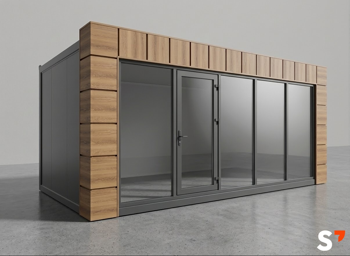 Nowoczesna, modułowa hala z przeszkloną fasadą i drewnianymi elementami wykończeniowymi. Szara konstrukcja na betonowej posadzce, minimalistyczny design.