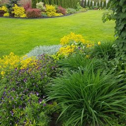 Twój Ogrodnik - Zadbany ogród z równo przystrzyżonym trawnikiem, rabatami kwiatowymi w odcieniach żółci i fioletu, obrzeżami z tworzywa i żywopłotem z tuj w tle. Widok z poziomu gruntu.