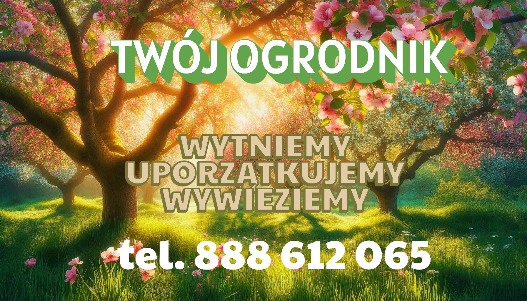 Ilustracja ogłoszeniowa: kwitnące drzewa, trawa i napis 'Twój Ogrodnik', 'Wytniemy, uporządkujemy, wywieziemy' oraz numer telefonu. Słoneczny, wiosenny krajobraz.