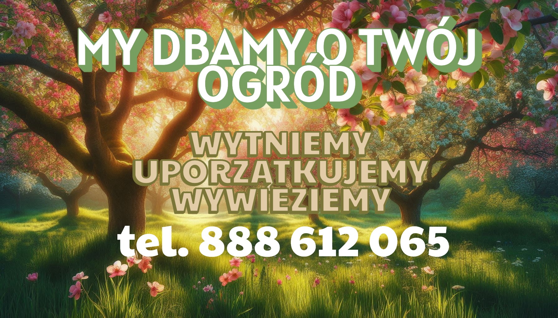 Ilustracja ogłoszeniowa: kwitnące drzewa w ogrodzie, tekst 'My dbamy o Twój ogród, wytniemy, uporządkujemy, wywieziemy' i numer telefonu na tle zielonej trawy.