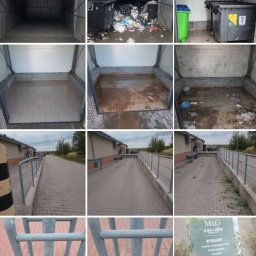 Monika Górny Clean&Green - Kompozycja zdjęć 'przed i po' sprzątania: śmietnik, kontener, podjazd z kostki brukowej. Widoczne efekty czyszczenia i porządkowania przestrzeni.