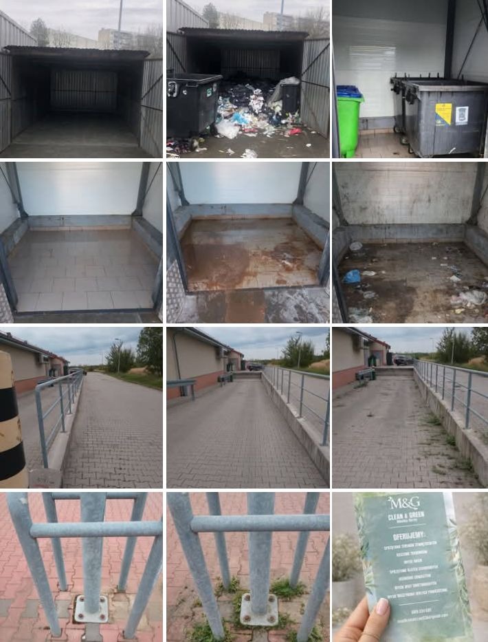 Kompozycja zdjęć 'przed i po' sprzątania: śmietnik, kontener, podjazd z kostki brukowej. Widoczne efekty czyszczenia i porządkowania przestrzeni.