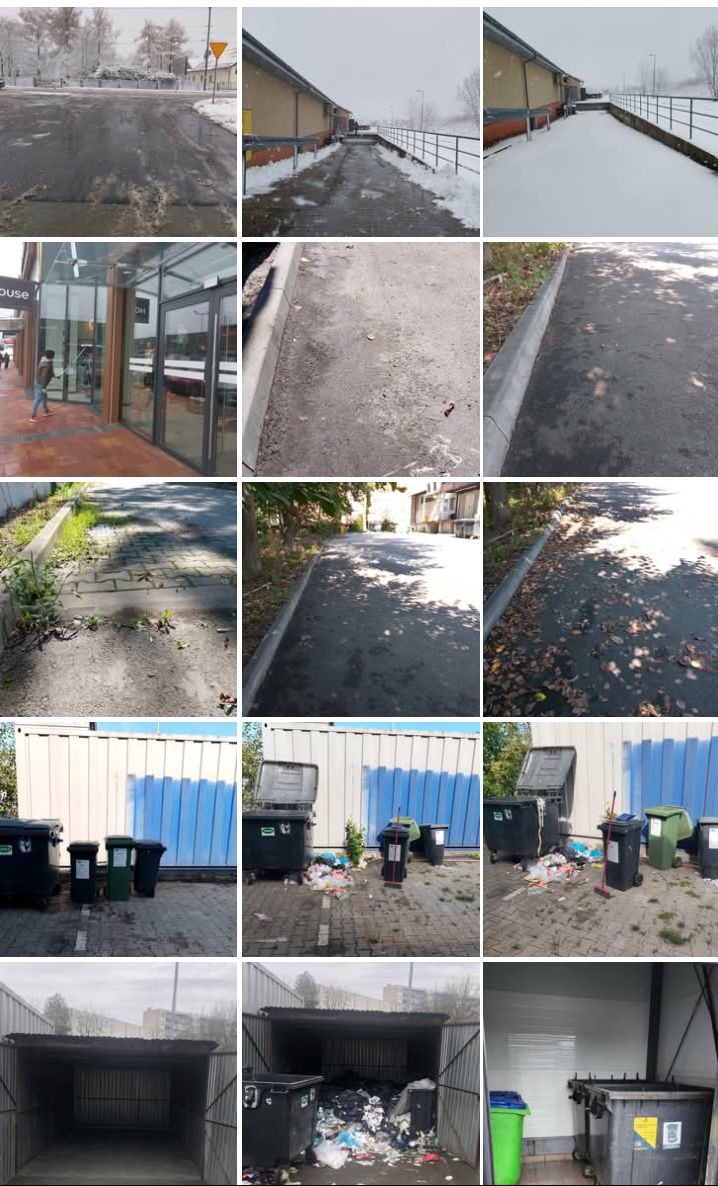 Seria zdjęć: chodnik po śniegu, kostka brukowa z chwastami, śmieci obok kontenerów, przepełniony śmietnik. Różne etapy i miejsca wymagające interwencji porządkowej.