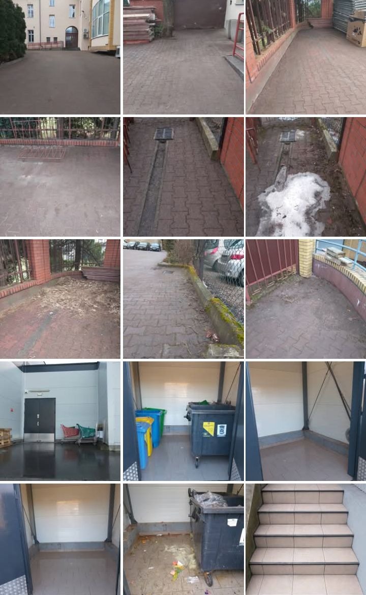 Mozaika zdjęć: kostka brukowa, podjazdy, wnętrze z koszami na śmieci i schody. Różne lokalizacje i stopień zabrudzenia.