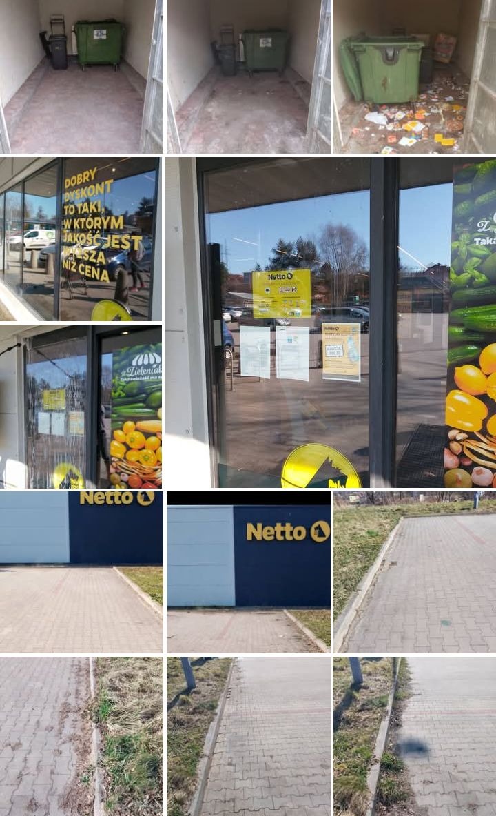 Efekt prac porządkowych w Kocierzu Rychwałdzkim: czyste okna sklepu Netto, umyta kostka brukowa i wysprzątane śmietniki. Dbałość o detale i estetykę.