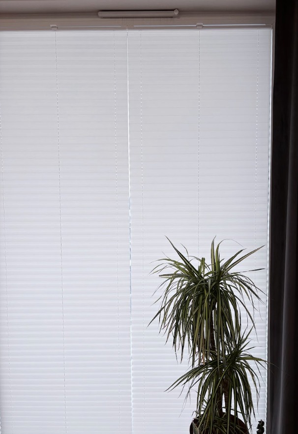 Białe plisy okienne zamontowane w oknie, z widocznym mechanizmem sterującym. Obok, po prawej stronie, stoi roślina doniczkowa i fragment zasłony.