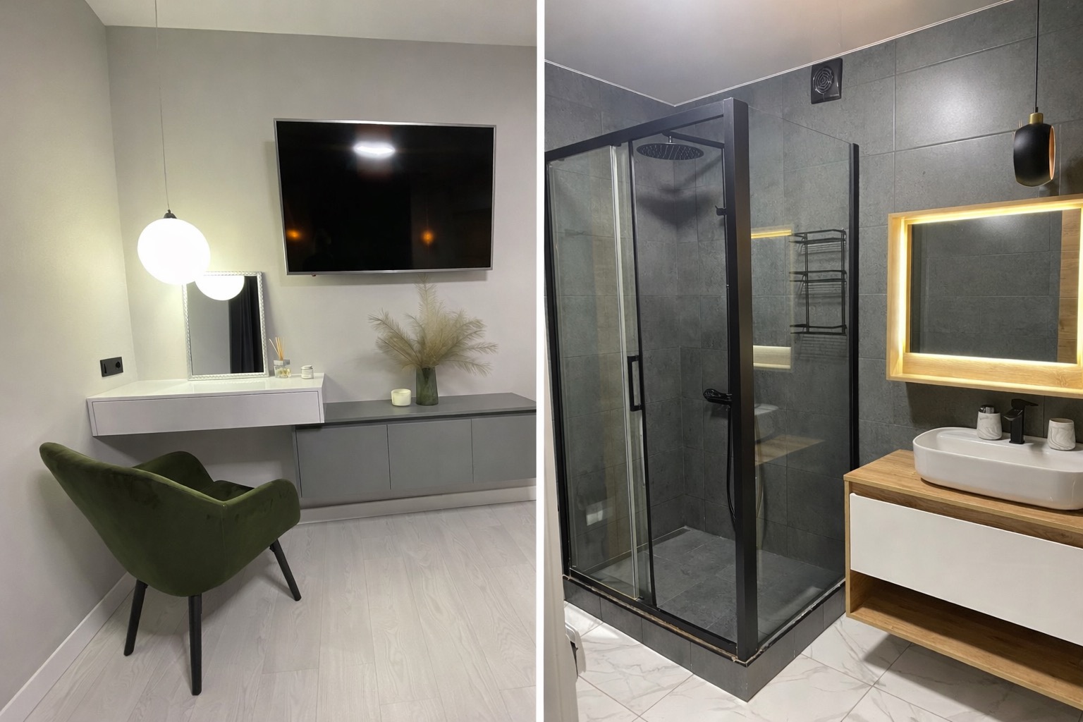 Nowoczesna łazienka z kabiną prysznicową typu walk-in, umywalką na drewnianej szafce i toaletką z lustrem pod telewizorem. Minimalistyczny design, szaro-biała kolorystyka.