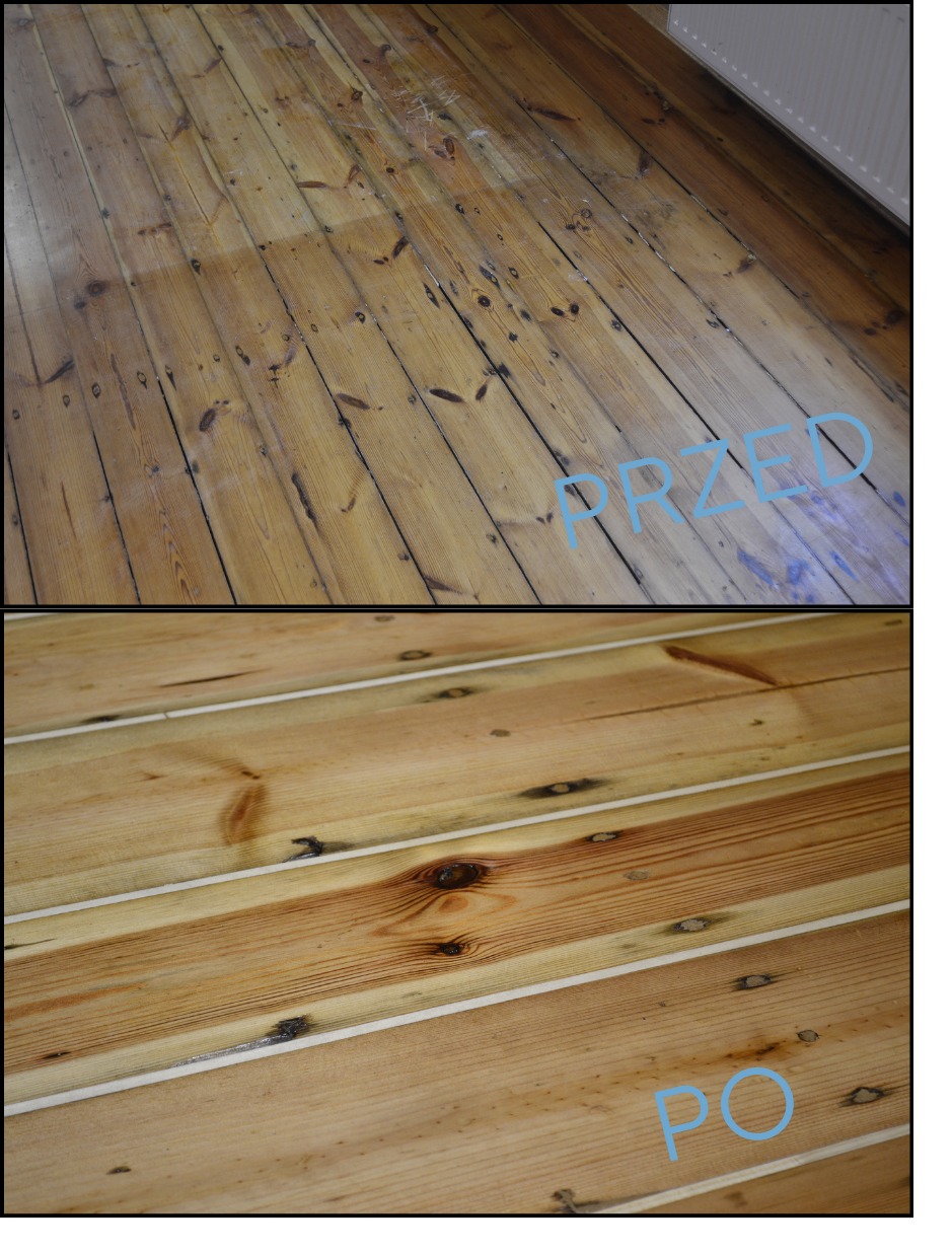 Zdjęcie 'przed i po' prezentujące drewnianą podłogę: zniszczona deska przed renowacją i odnowiona, z wypełnionymi szczelinami listewkami, ukazująca efekt końcowy.