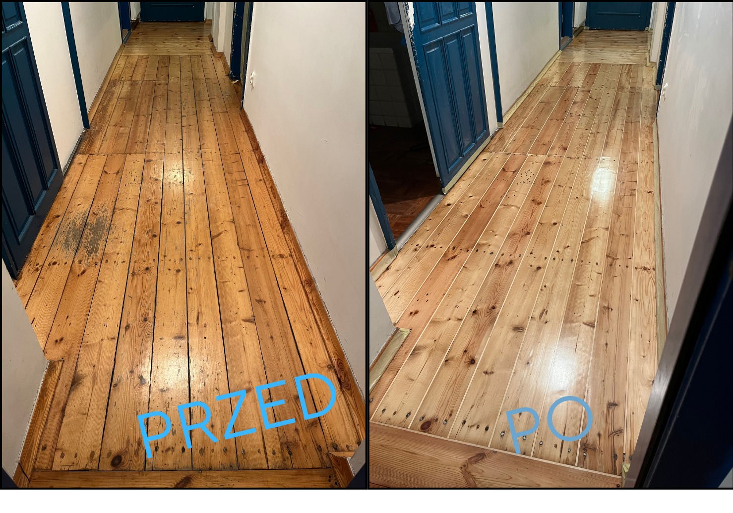 Renowacja podłogi + uzupełnianie szczelin listewkami sosnowymi.