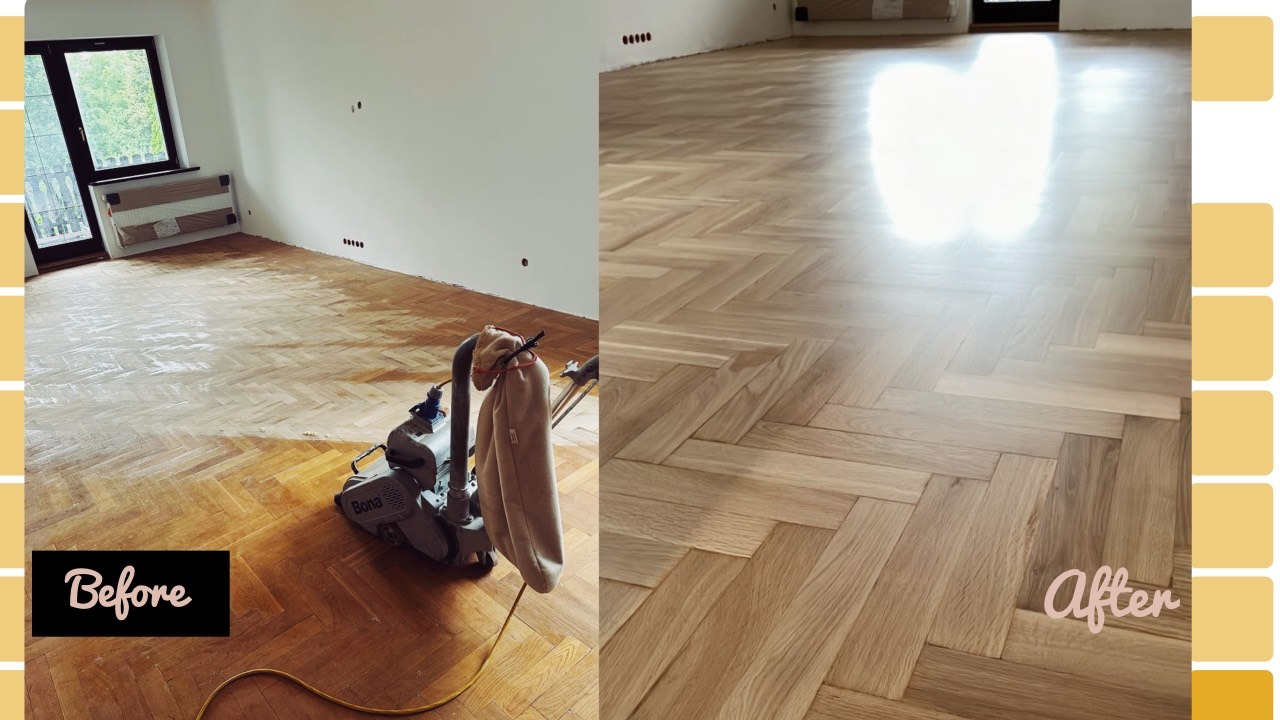 Renowacja podłogi dębowej w wykończeniu rustykalnym Berger NaturalWhite mat