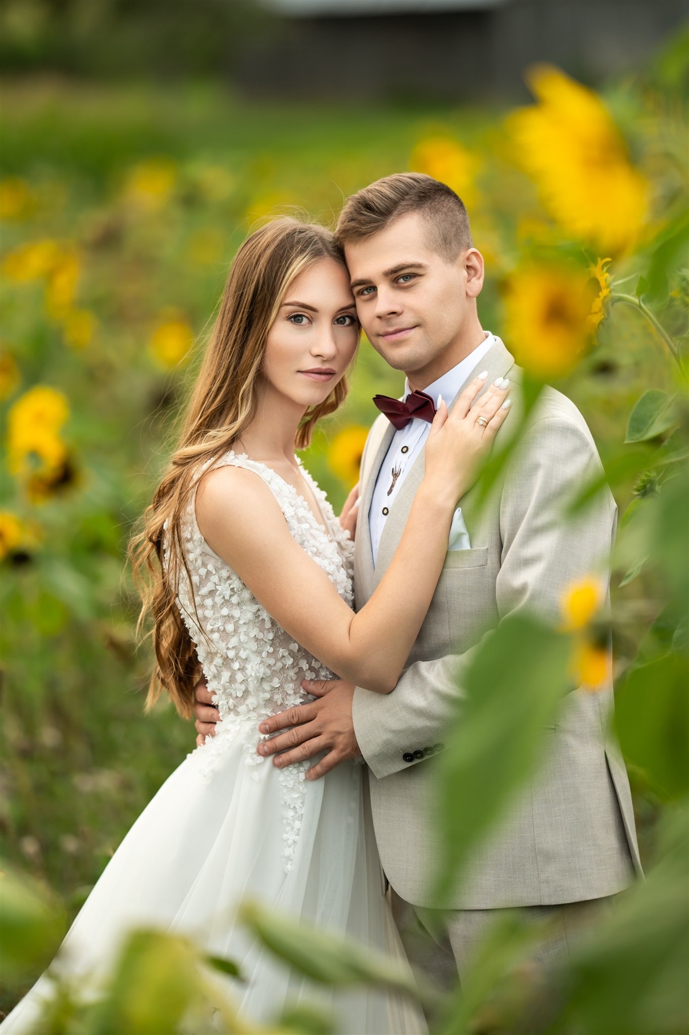 Para młoda w objęciach na tle pola słoneczników. Panna młoda w sukni z aplikacjami kwiatowymi, pan młody w beżowym garniturze i bordowej muszce. Romantyczna sesja.