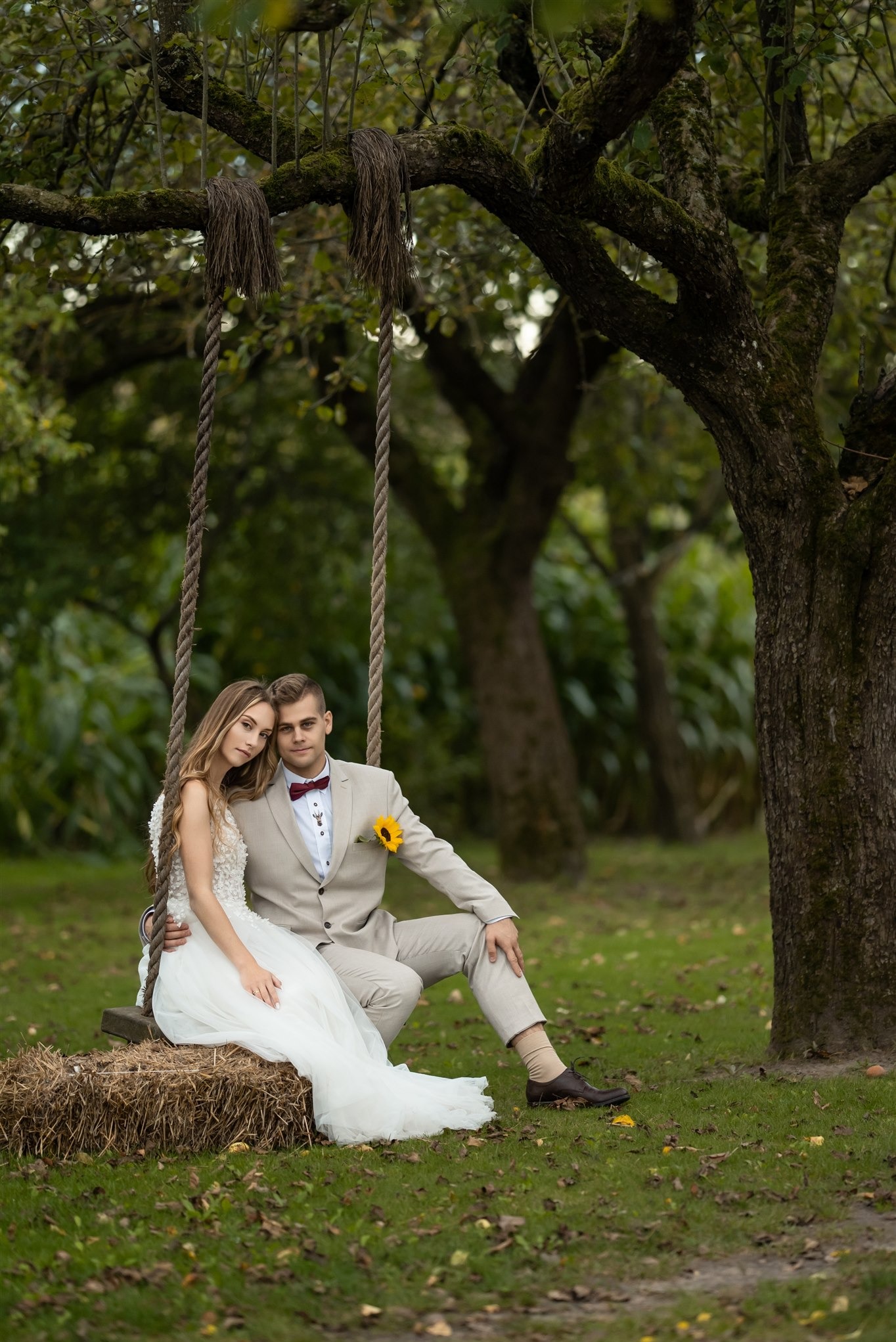 Para w strojach ślubnych siedzi na huśtawce z siana zawieszonej na drzewie. On w beżowym garniturze z słonecznikiem, ona w białej sukni. Romantyczna sceneria w plenerze.