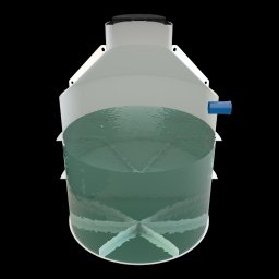 KDK Budownictwo Grzegorz Żydek - Przekrój zbiornika z tworzywa sztucznego wypełnionego cieczą, widoczny niebieski króciec. Czarny background podkreśla detale konstrukcji.