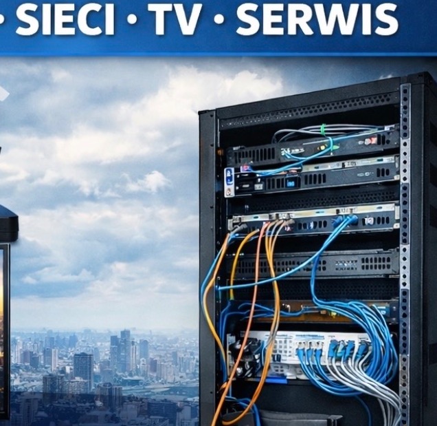 Szafa rack z okablowaniem sieciowym na tle panoramy miasta i nieba. Widoczne urządzenia sieciowe i kable w kolorach niebieskim i pomarańczowym. U góry napis: Sieci TV Serwis.