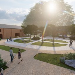 Ogród na telefon - Wizualizacja zagospodarowania terenu z budynkami z czerwonej cegły, ścieżkami, zielenią i drzewami. Osoby spacerują i jeżdżą na rowerze. Słoneczny dzień.