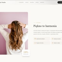 MMN Sp. Z.O.O - Strona internetowa salonu fryzjerskiego Look Styl Studio z Pułtuska, prezentująca ofertę i filozofię firmy: 'Piękno to harmonia'. Zdjęcie modelki z długimi, brązowymi włosami.