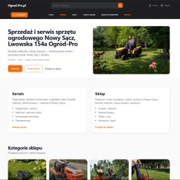 MMN Sp. Z.O.O - Strona internetowa firmy Ogrod-Pro.pl z ofertą sprzedaży i serwisu sprzętu ogrodowego. Na stronie widoczny mężczyzna na traktorze-kosiarce na tle zieleni.