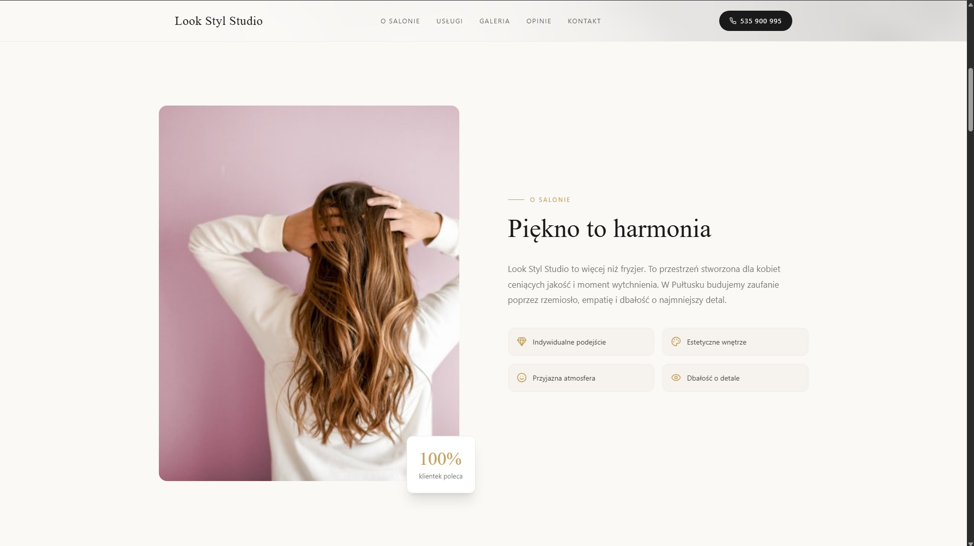 Strona internetowa salonu fryzjerskiego Look Styl Studio z Pułtuska, prezentująca ofertę i filozofię firmy: 'Piękno to harmonia'. Zdjęcie modelki z długimi, brązowymi włosami.