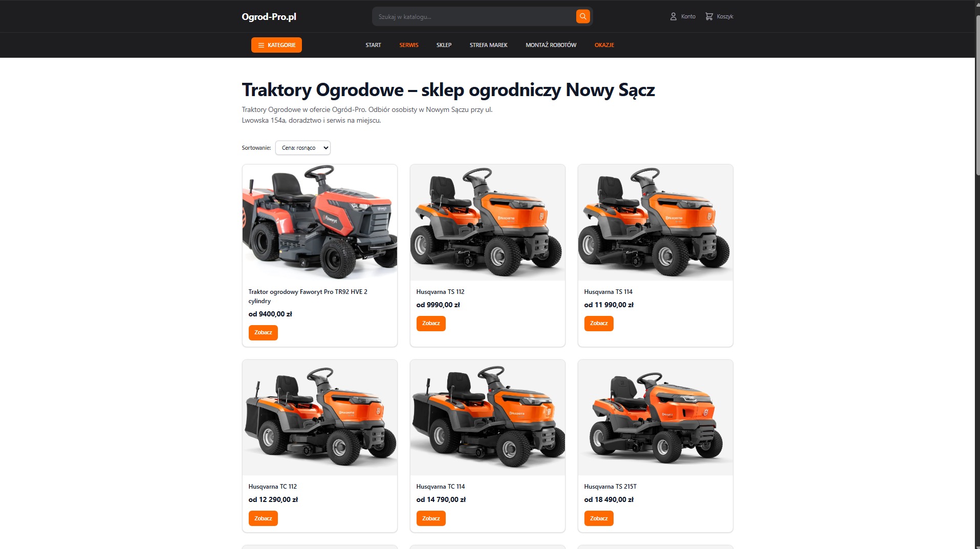 Strona internetowa sklepu ogrodniczego Ogrod-Pro.pl z ofertą traktorów ogrodowych Husqvarna i Faworyt, z cenami i opcją 'Zobacz'. Układ kafelkowy, widok z góry.