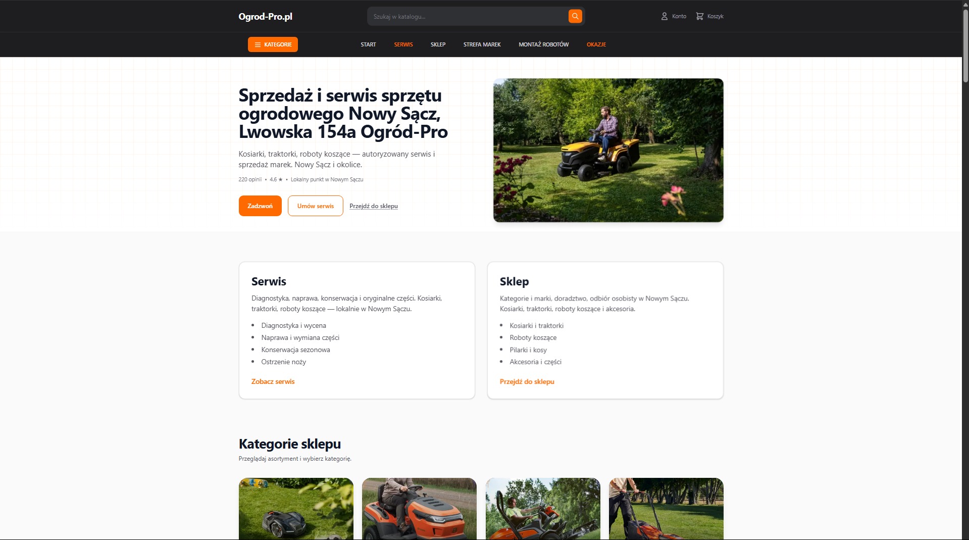 Strona internetowa firmy Ogrod-Pro.pl z ofertą sprzedaży i serwisu sprzętu ogrodowego. Na stronie widoczny mężczyzna na traktorze-kosiarce na tle zieleni.