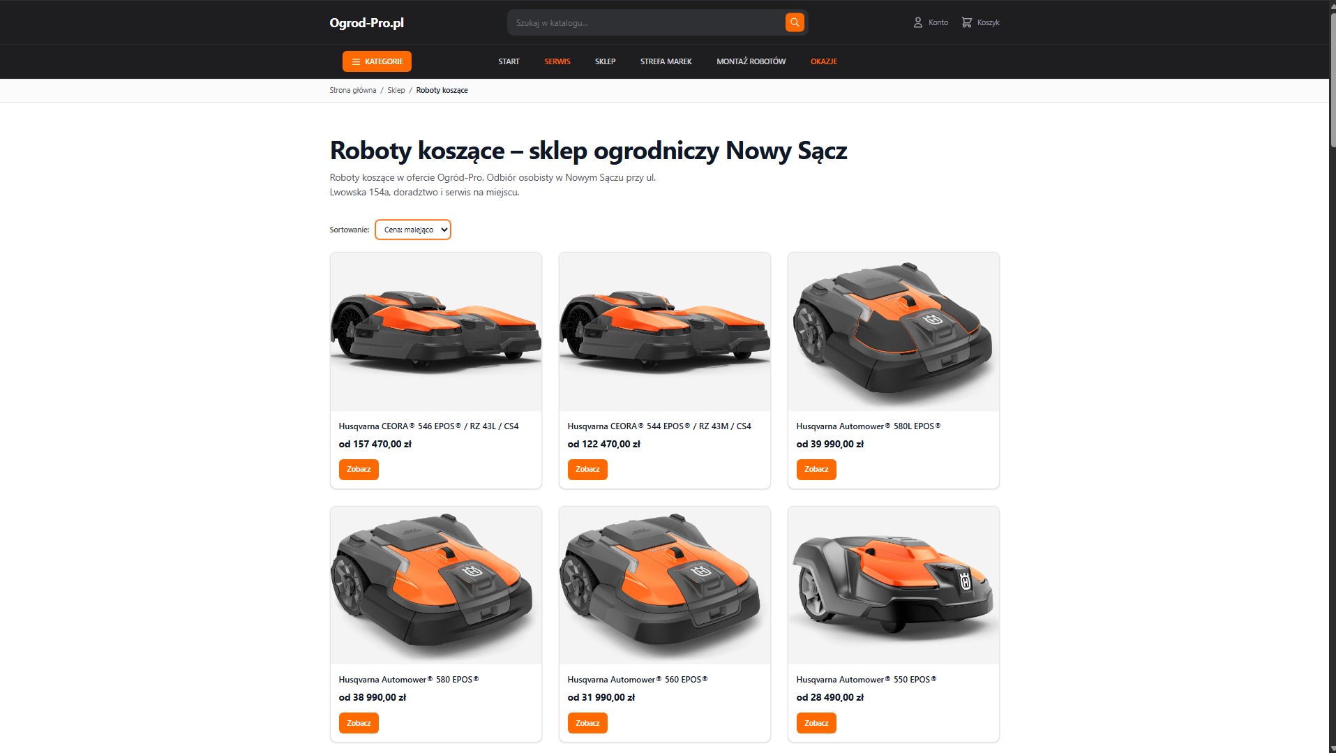 Sklep internetowy Ogrod-Pro.pl prezentuje ofertę robotów koszących Husqvarna. Widoczne modele CEORA i Automower z cenami i opcją 'Zobacz'.