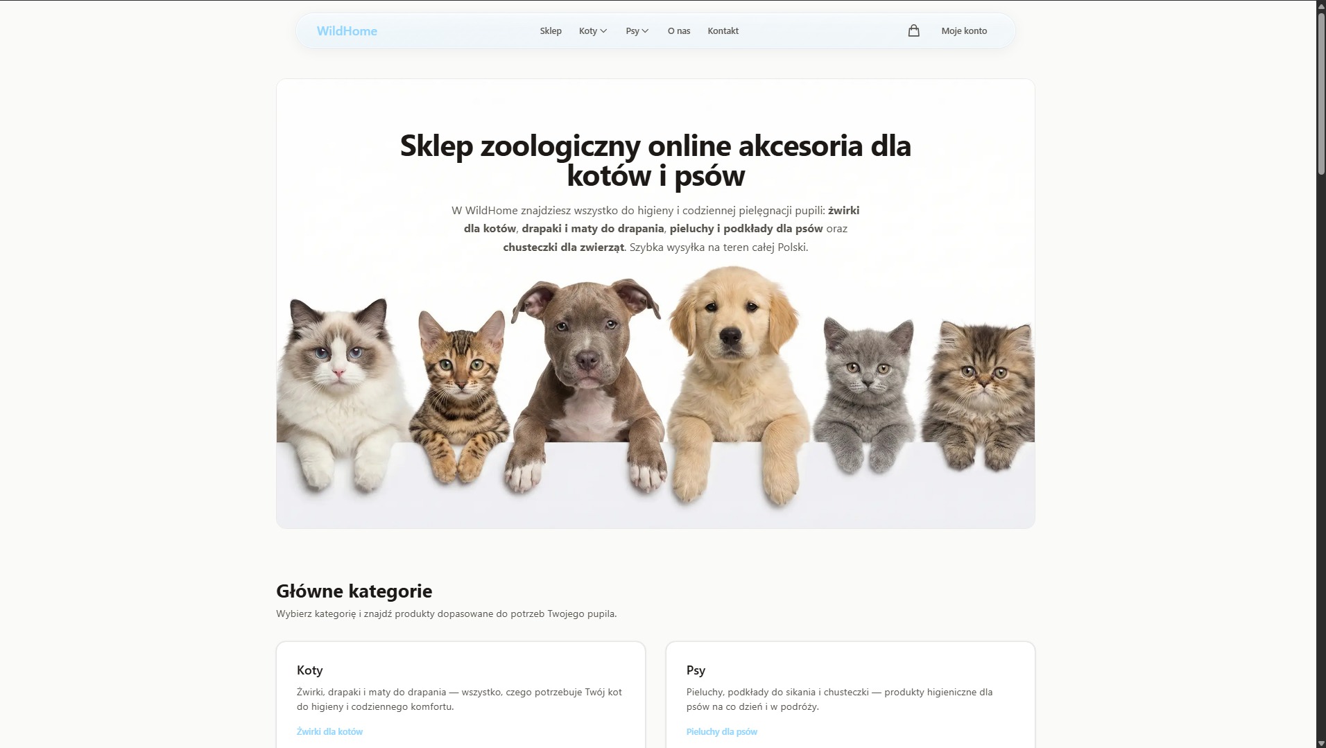 Strona sklepu zoologicznego online z akcesoriami dla kotów i psów. Widoczne kategorie: koty i psy. W nagłówku logo WildHome.